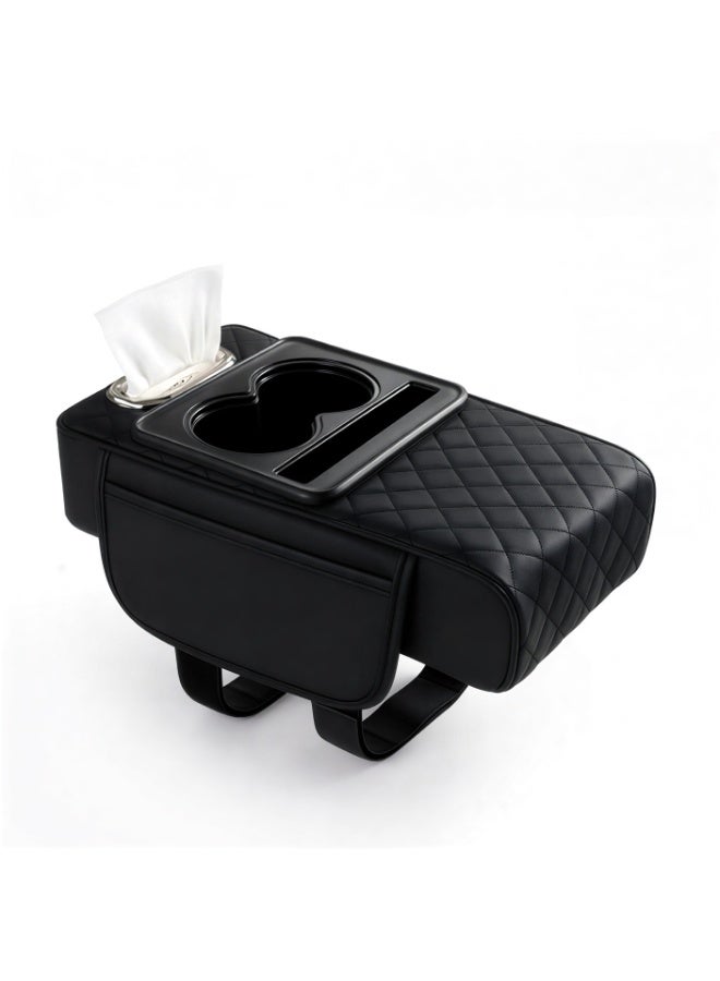 عام وسادة مسند الذراع - وسادة مريحة سميكة مع حامل أكواب ومناديل لوحدة التحكم في السيارة ومسند الذراع المركزية، شنطة تنظيم متعددة الألوان وحوامل أكواب مزدوجة - لون اسود - Image 2